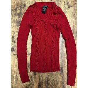 Rubber Doll Ruffle V-Neck Sweater Womens M Red Excellent Ribbed Long Sleeve Top